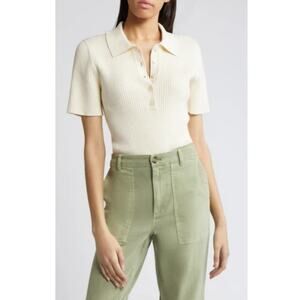 New TREASURE & BOND NORDSTROM Women's Ivory Dove Rib Polo Sweater Size M